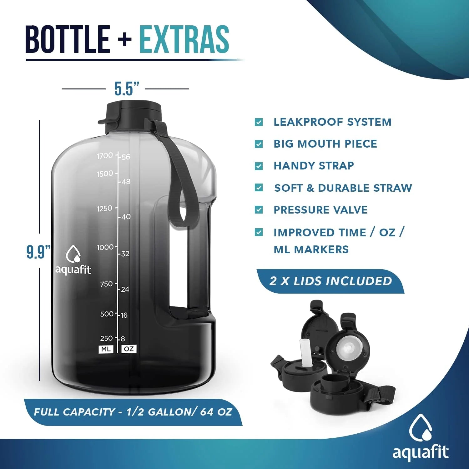 - Water Bottle with Straw - Motivational Big Water Bottle with Time Marker - Half Gallon, Gray Fade